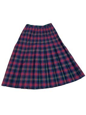 Vintage Pendleton Plaid Pleated Wool Skirt Size 16 Red Blue Made In USA Womens